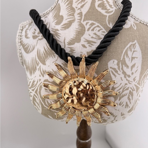 Statement Sun Pendant Necklace – Gold-Tone with Black Cord - Picture 8 of 11